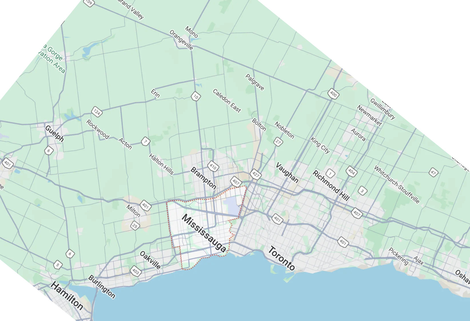 Service area map showing Mississauga and surrounding GTA cities served by R and V Appliances Repair